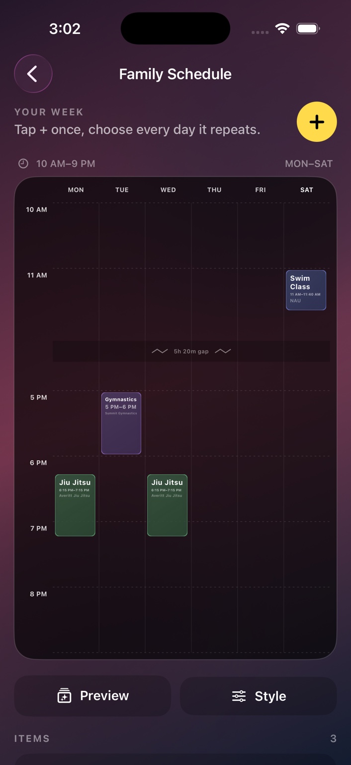 Family schedule with compressed time gap