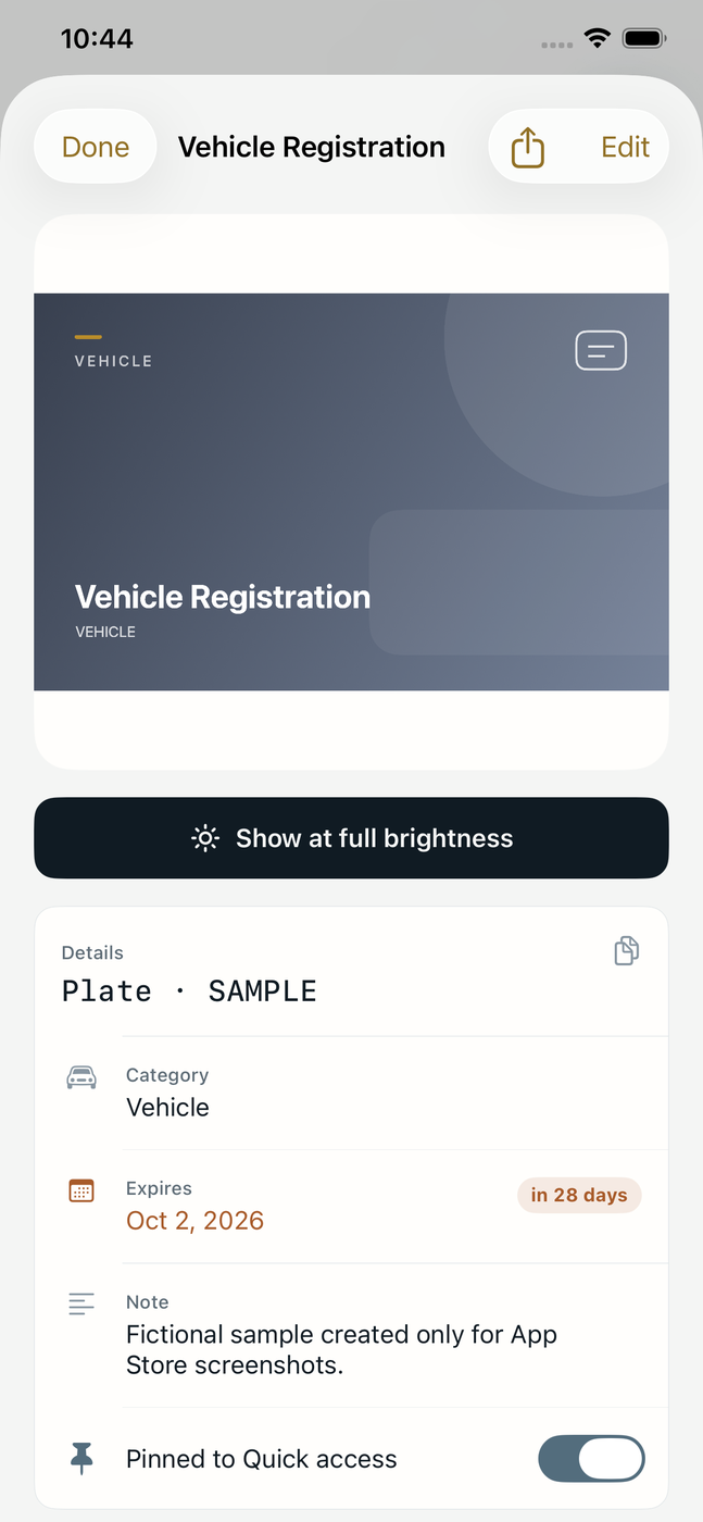 A vehicle registration in Have, with its expiration date.