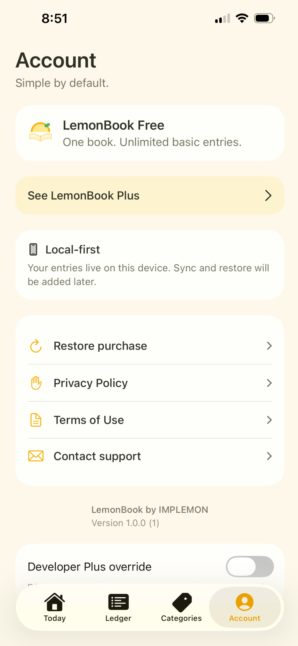 LemonBook account and Plus screen