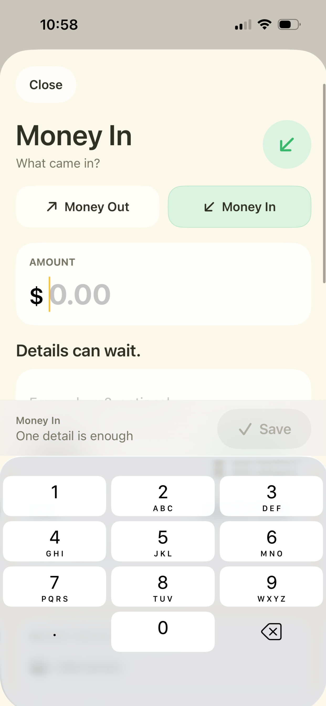 LemonBook Money In entry screen