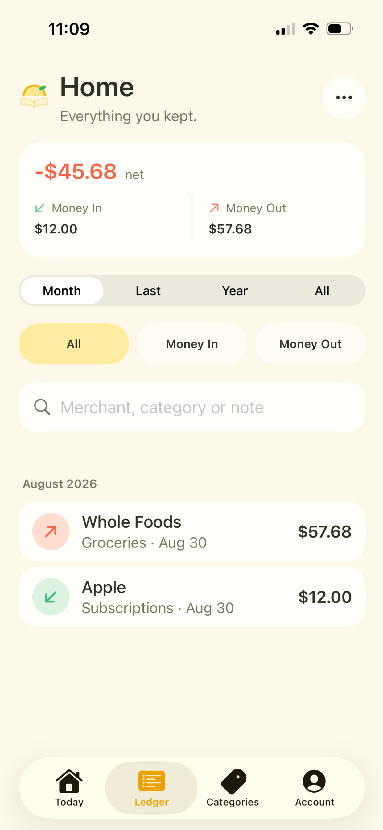 LemonBook ledger with search and filters