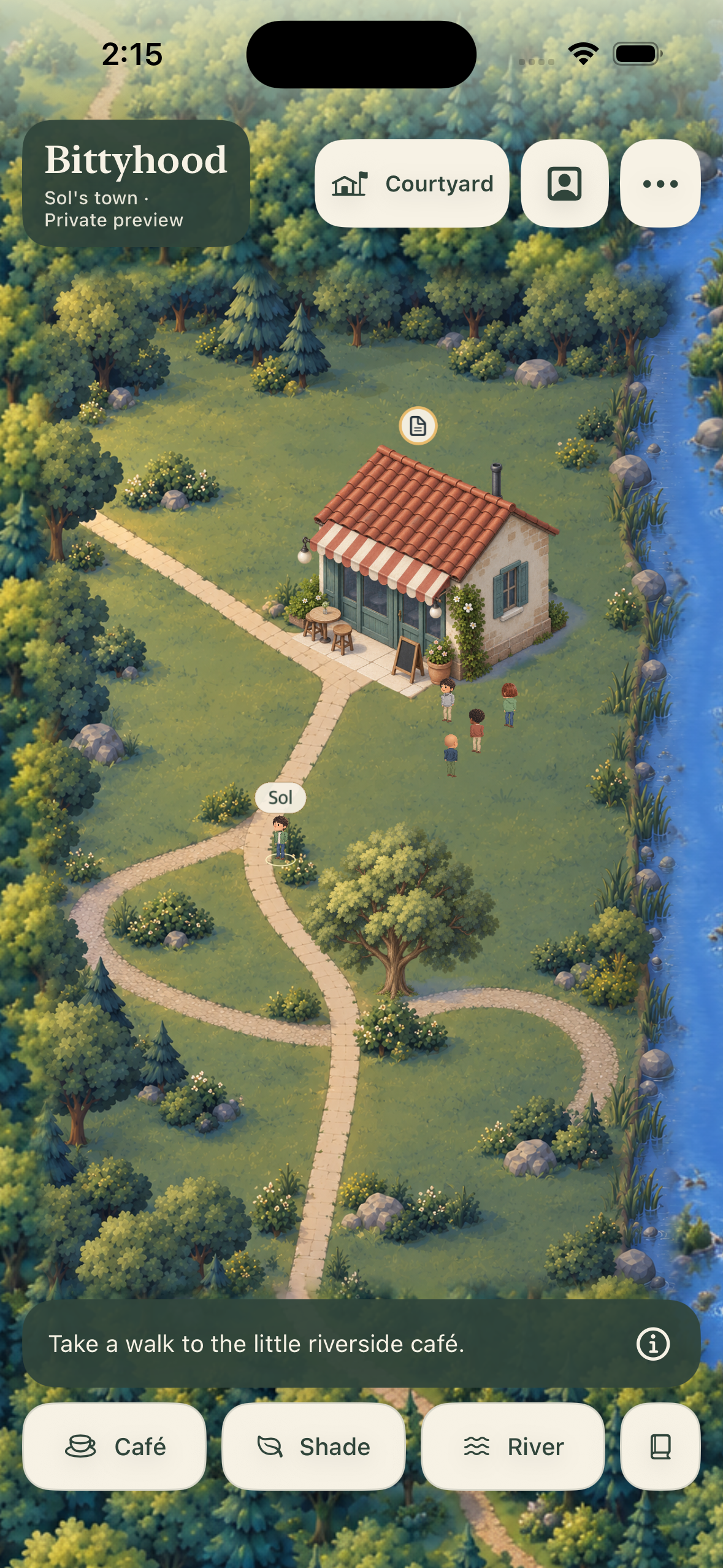A miniature riverside café and a named avatar in the actual Bittyhood development build.