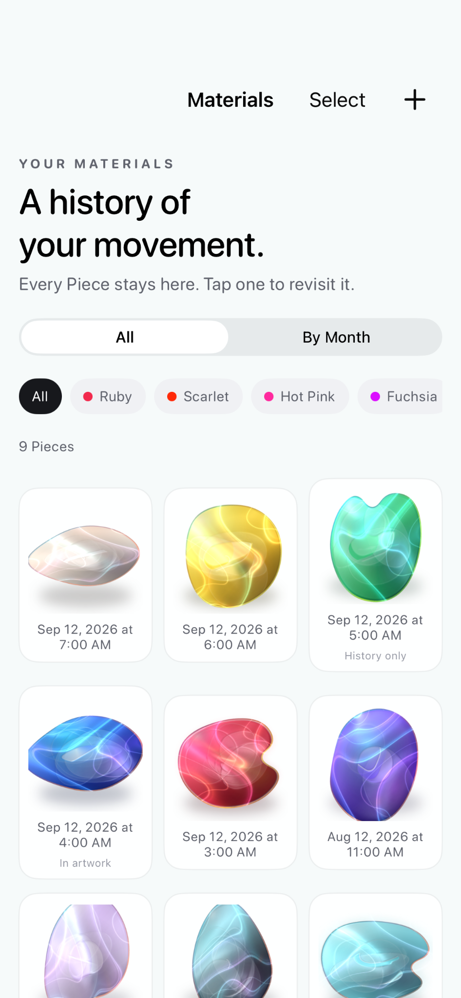 MOTEOSIS Materials showing a colorful collection of saved Pieces.