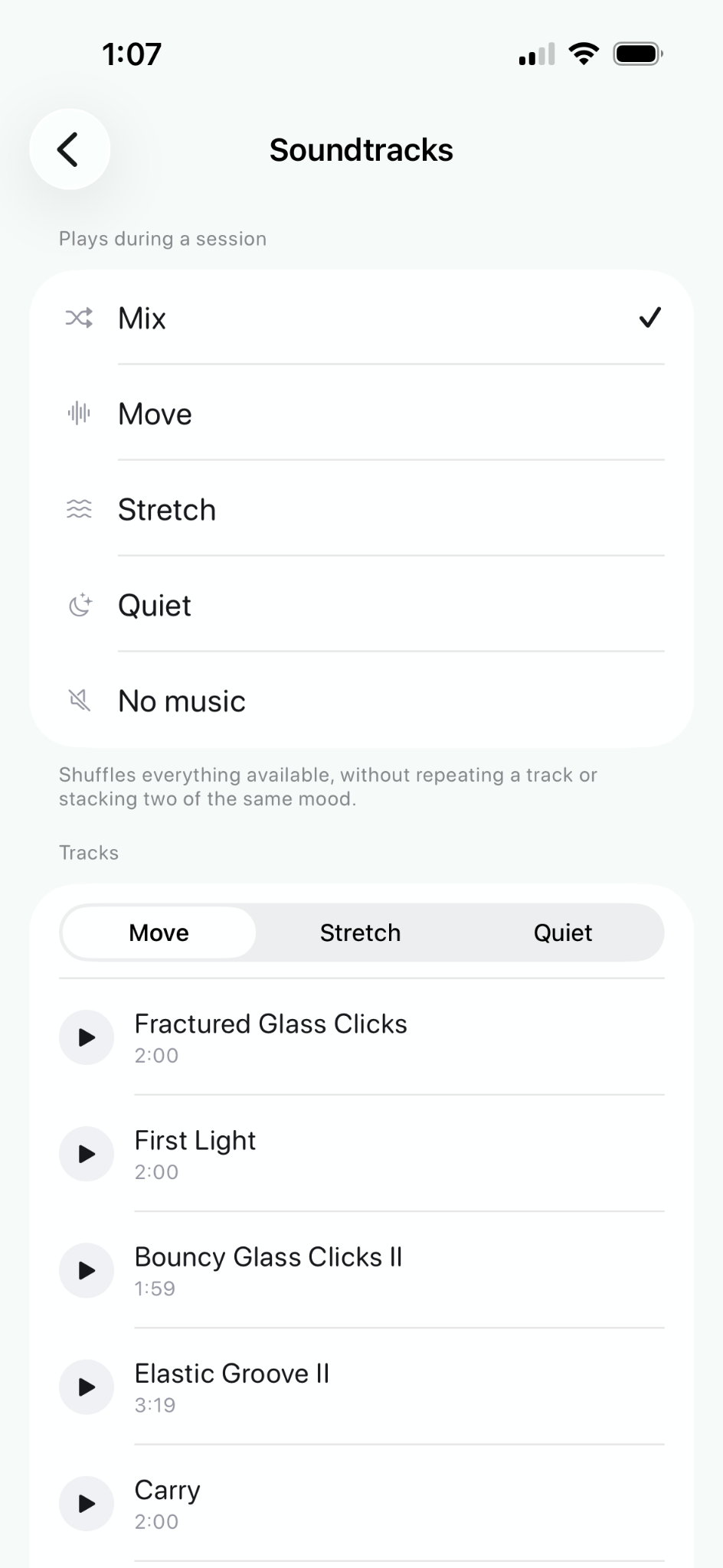MOTEOSIS Soundtracks list with Mix, Move, Stretch and Quiet options.