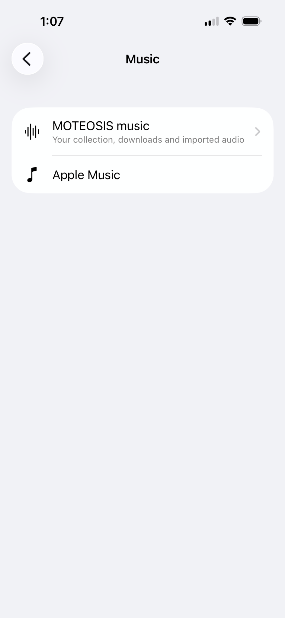 MOTEOSIS Music screen with MOTEOSIS music and Apple Music sources.