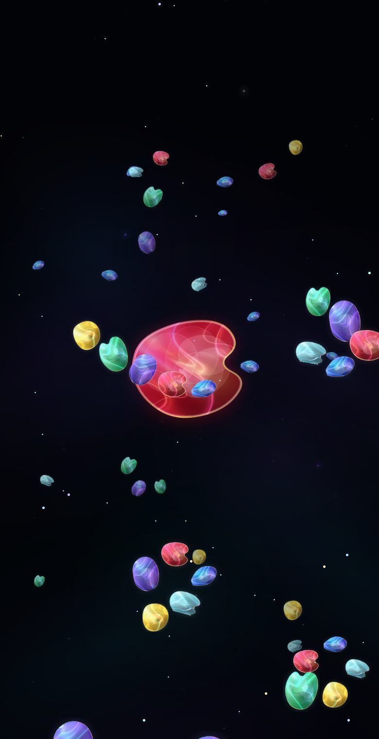 Illustrative populated MOTEOSIS Universe with many colorful Pieces distributed across the shared world.