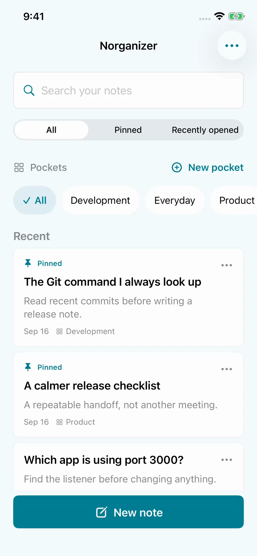 Norganizer library with pinned notes and optional pockets