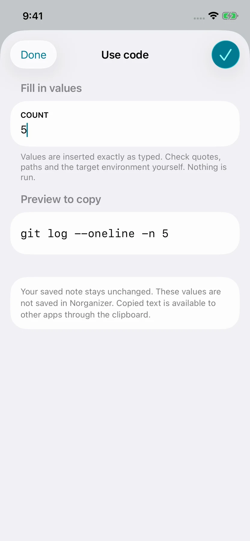 Use code preview with COUNT set to 5 and git log command ready to copy