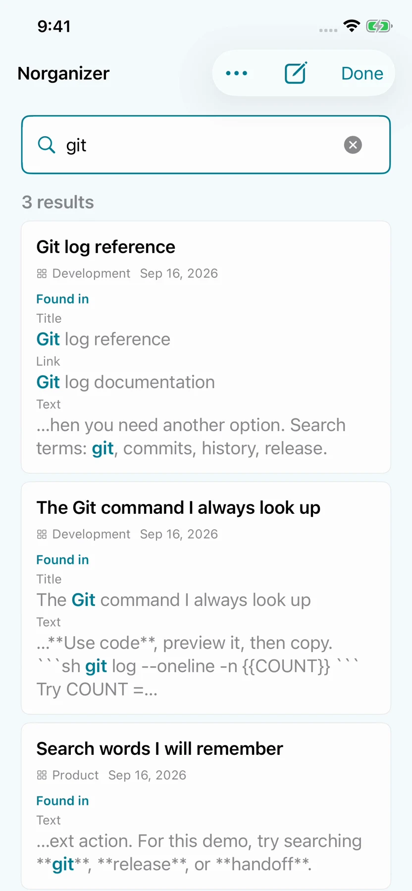 Search for git showing three results and matching text