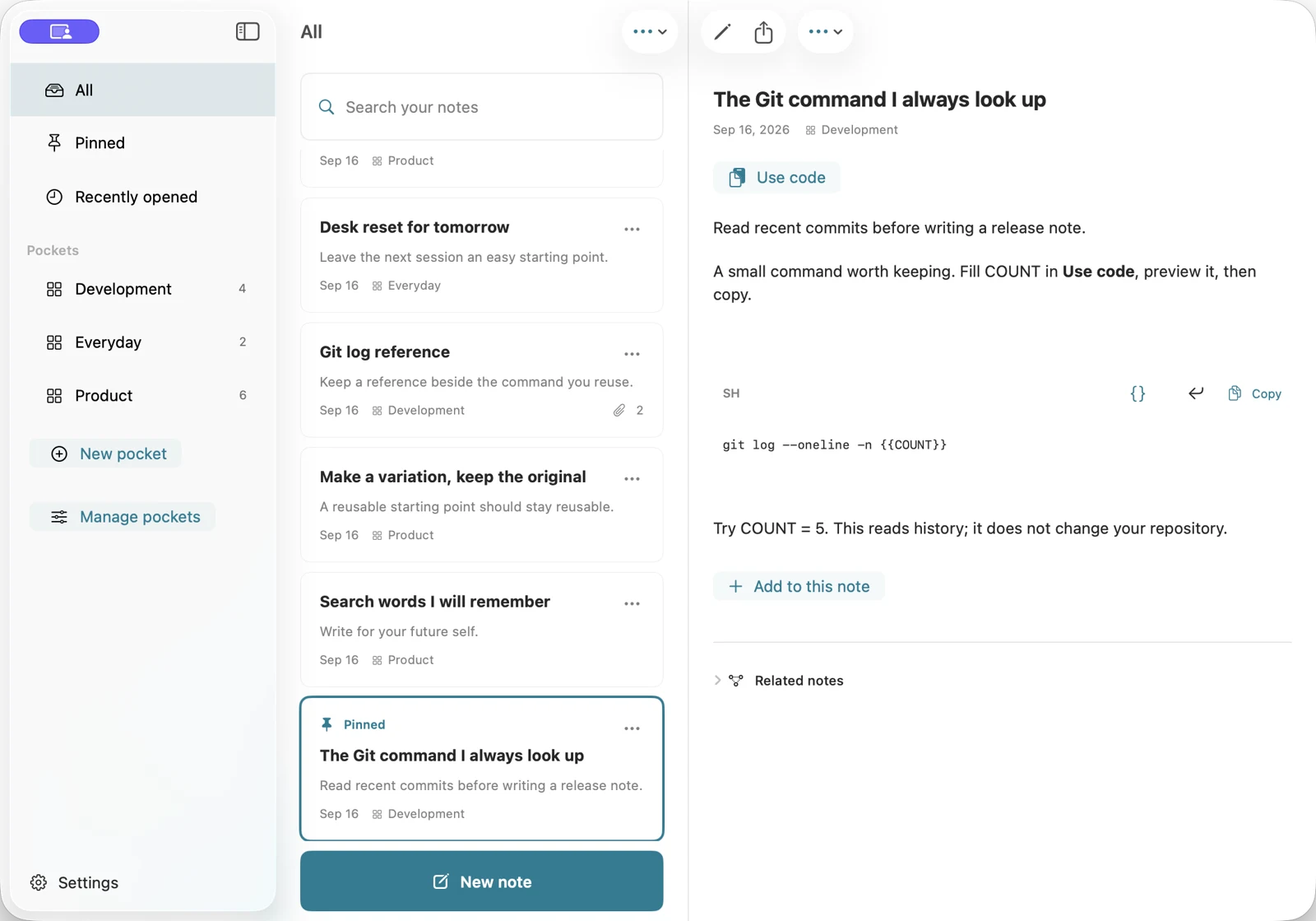 Native Mac Norganizer showing pockets, a note list and the Git command detail side by side