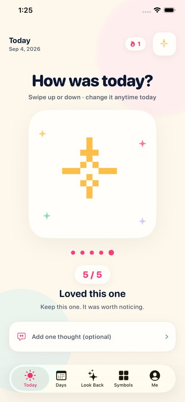 The Pixeconds Today screen: How was today, a five-of-five rating, and a pixel symbol.