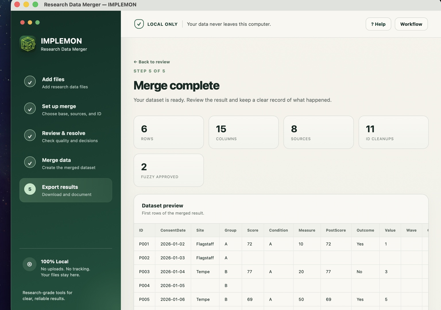 Research Data Merger merge complete screen with dataset preview