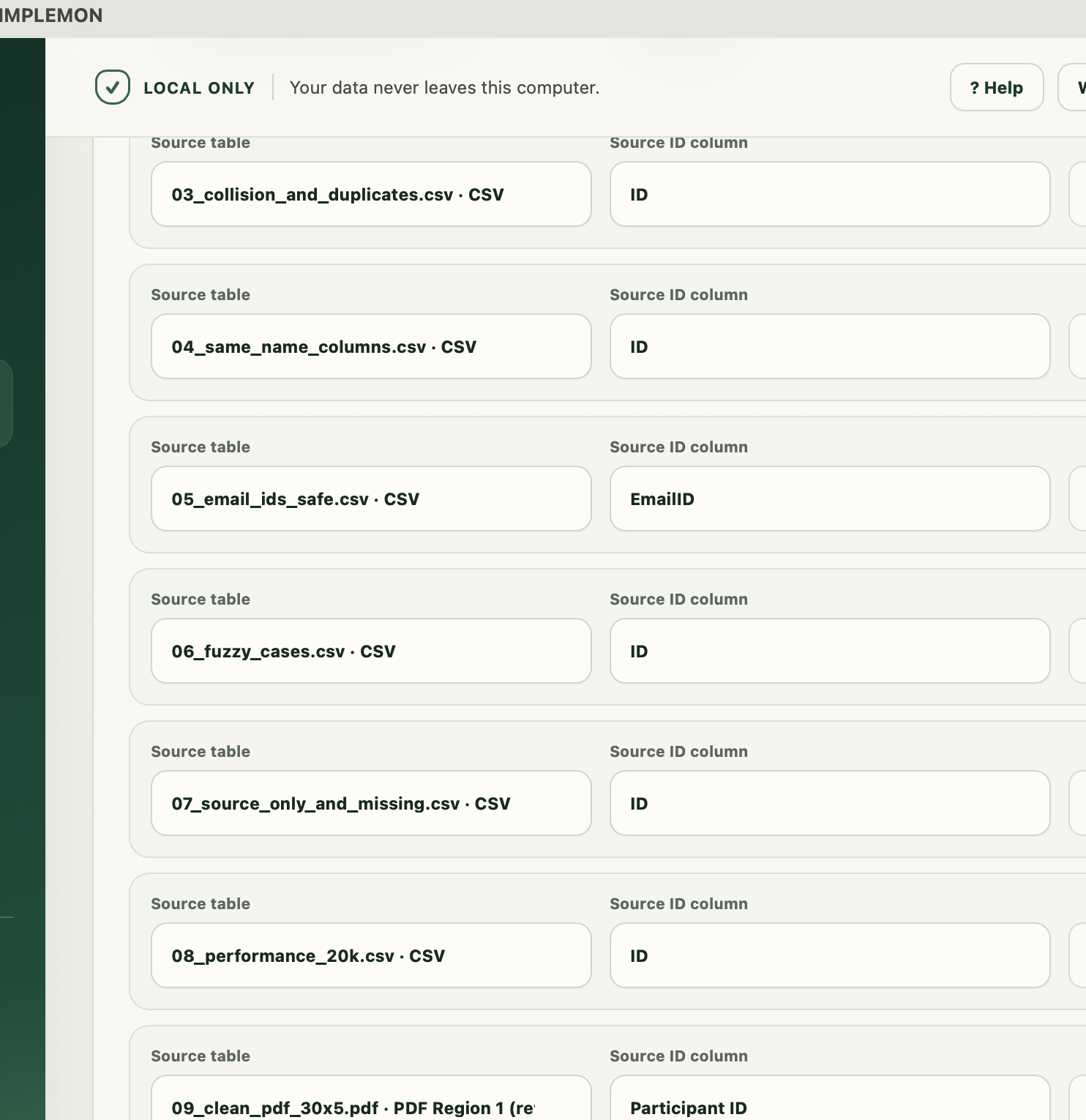 Research Data Merger setup screen with source tables and ID columns