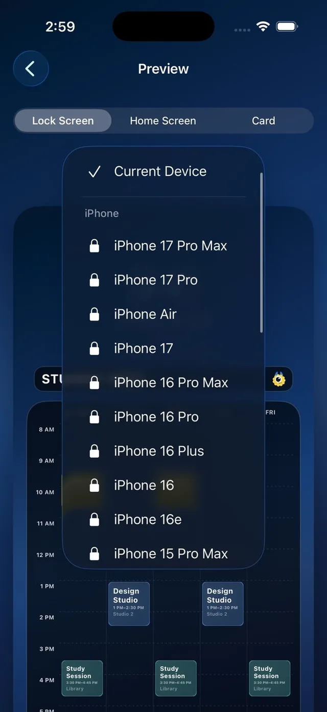 Calemon export preview showing Lock Screen, Home Screen and Card options.