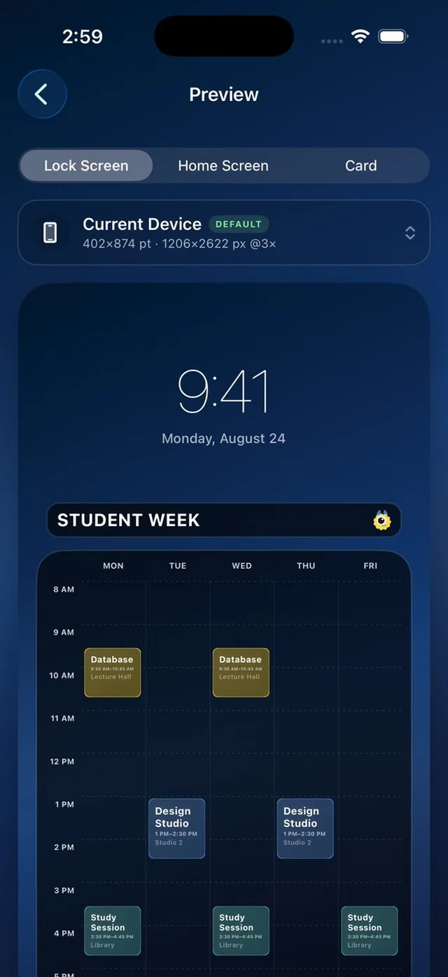 Calemon Lock Screen preview with a clock above the Student Week timetable.