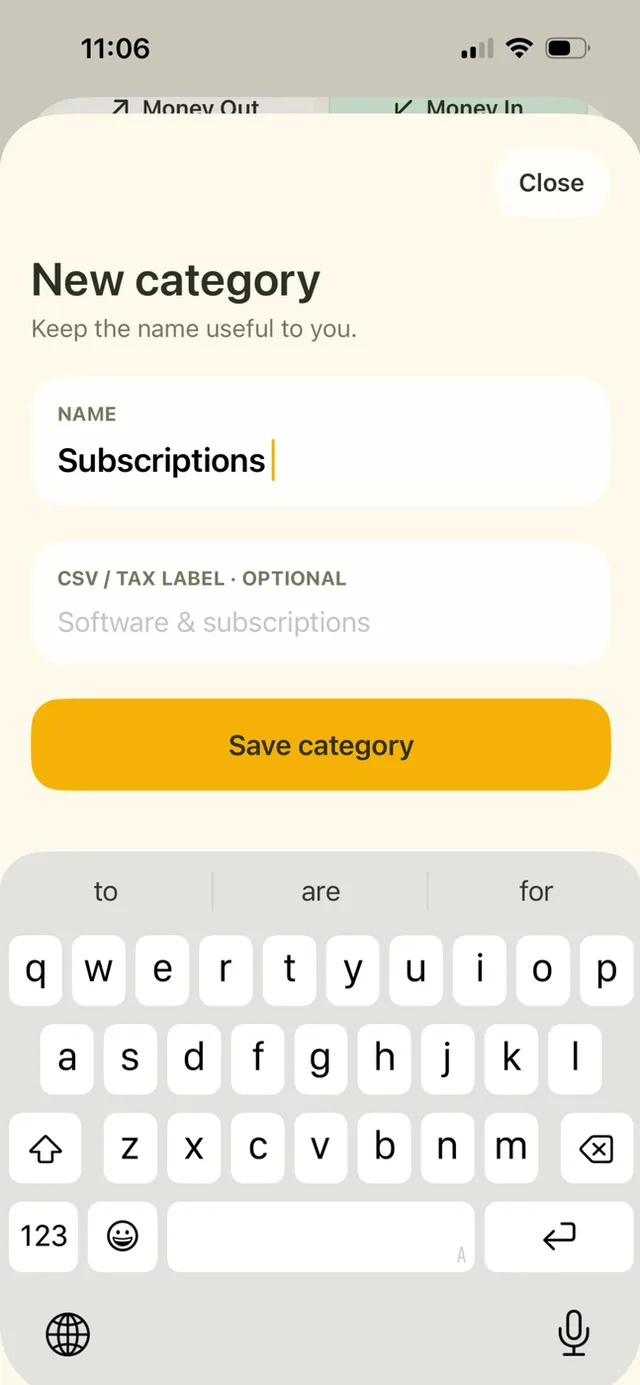 LemonBook New category form with a name and optional CSV or tax label.