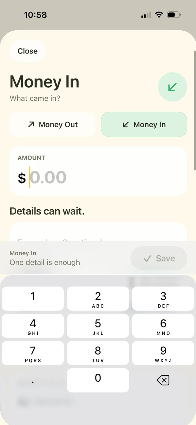 LemonBook Money In form with an optional amount and disabled Save for an empty entry.