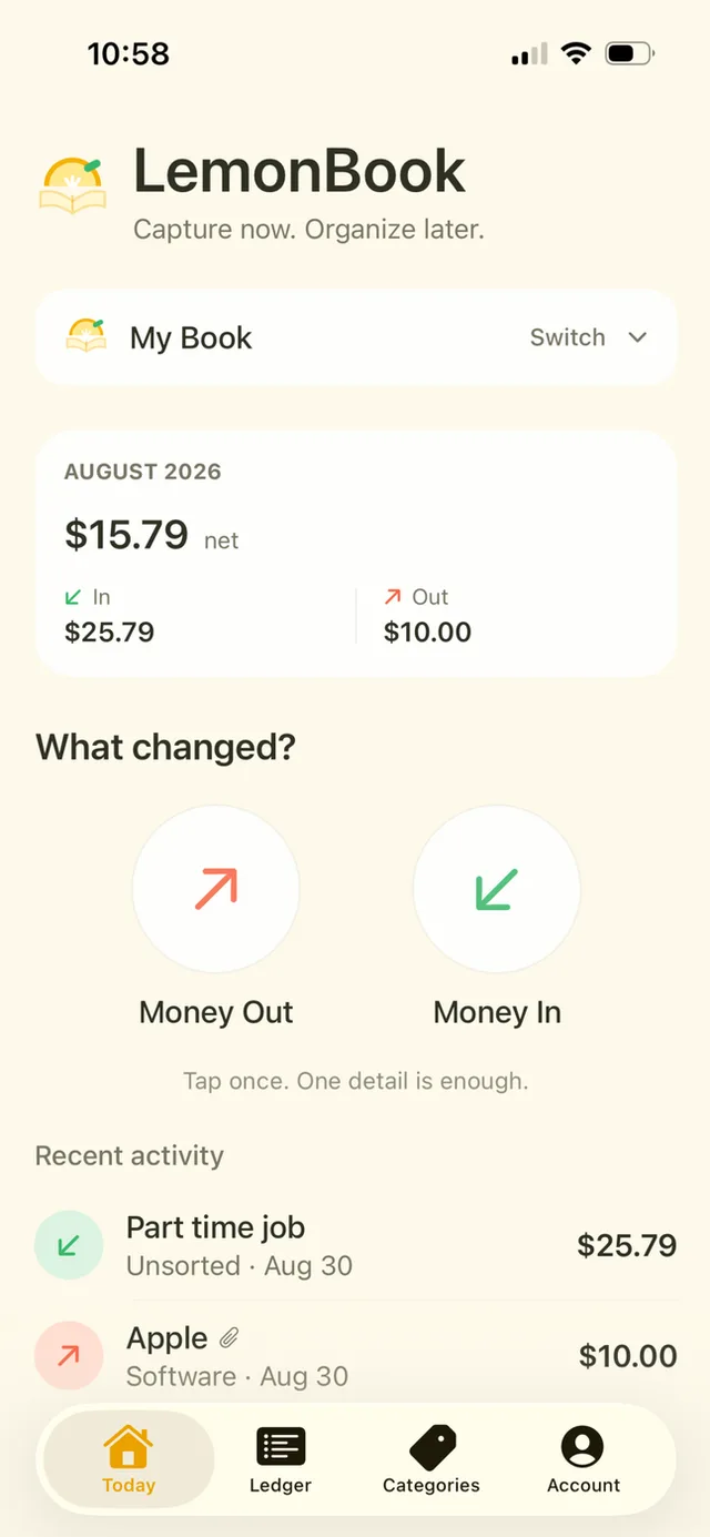 LemonBook Today view with Money Out and Money In buttons and monthly totals.