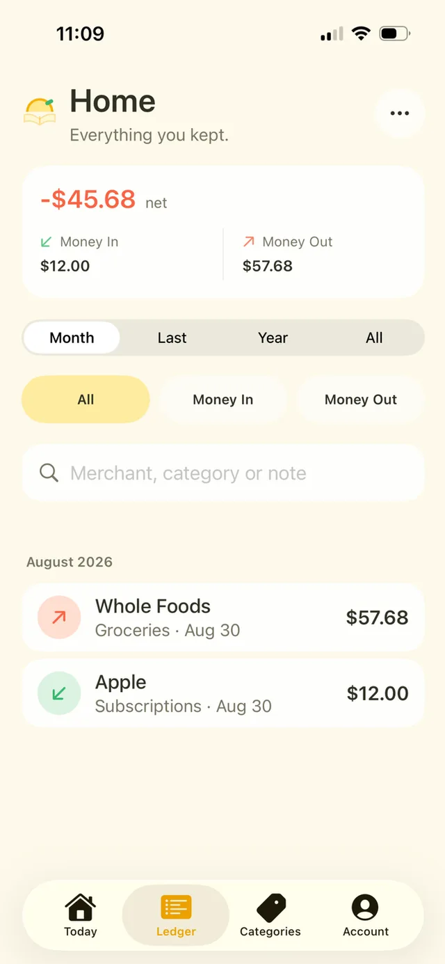LemonBook ledger showing money-in and money-out totals, time filters and search.