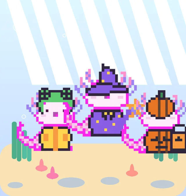 Pixel Lotl companions wearing outfits in a little ocean.