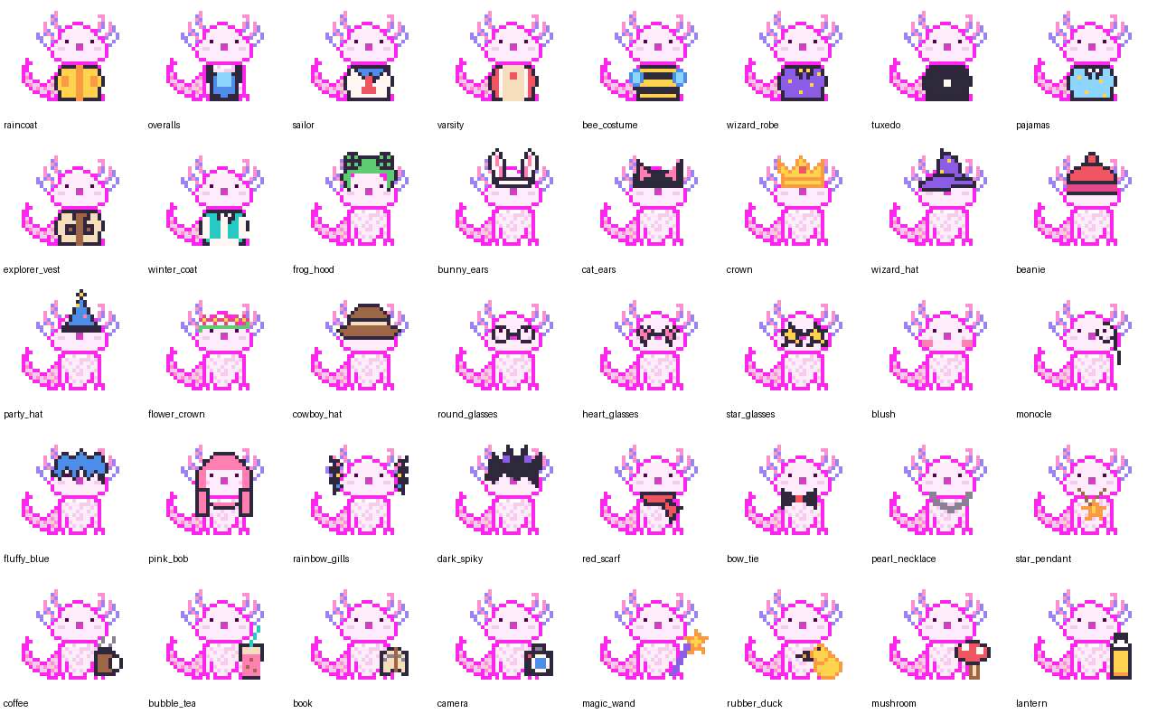 A selection of collectible pixel items in Stay With Lotl.